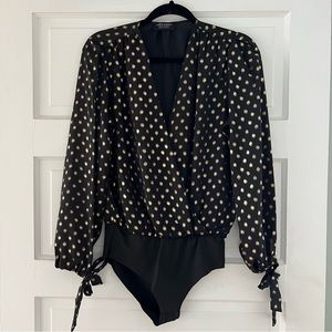 Zara Black Satin and Gold Dot Drapey Evening Bodysuit